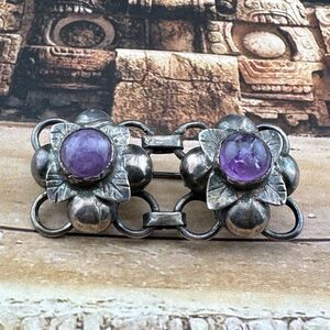 Unique Vintage Sterling Silver Flower Floral Links Amethyst Brooch Pin Mexico 2"